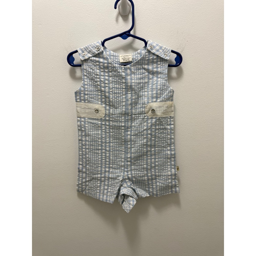 Viverano Organics Baby Blue Seersucker Stripe Organic Cotton Romper 12-18 Months